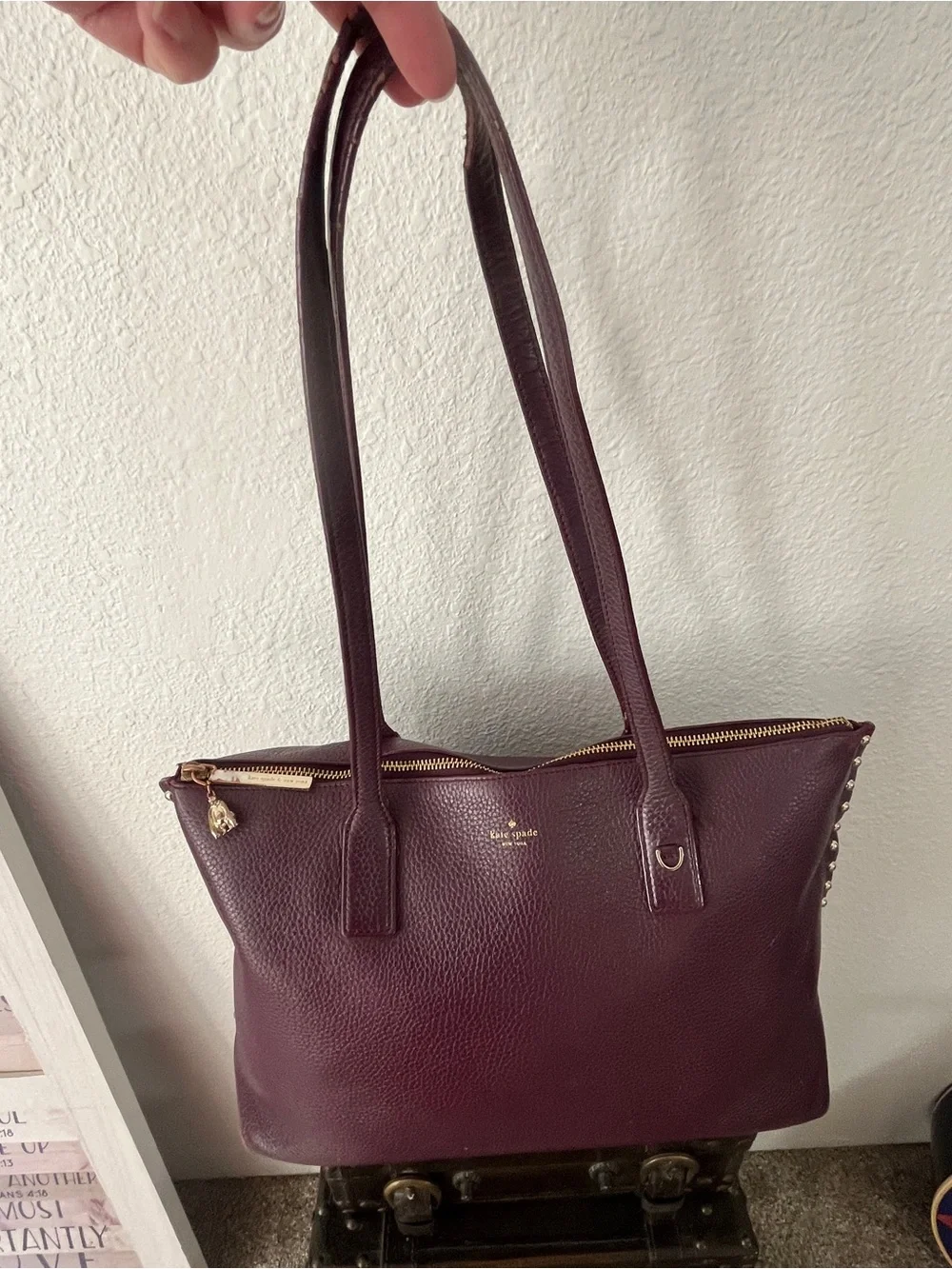 kate spade New York Pebbled Leather Tote in Deep Plum with Dustbag